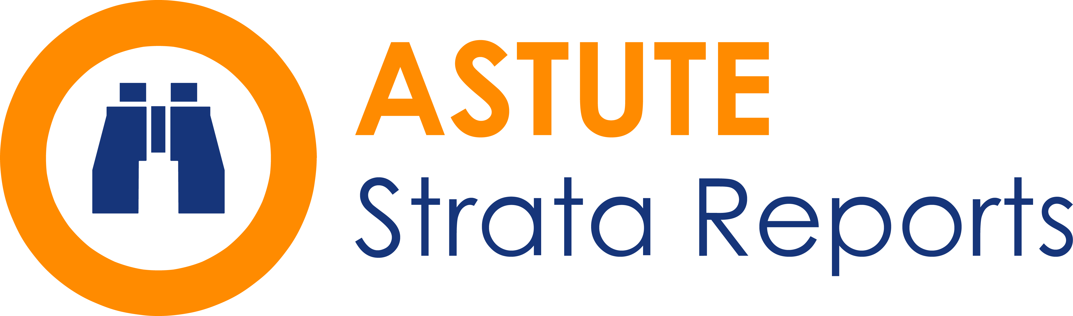 Astute Strata Reports Logo showing blue binoculars in an orange circle